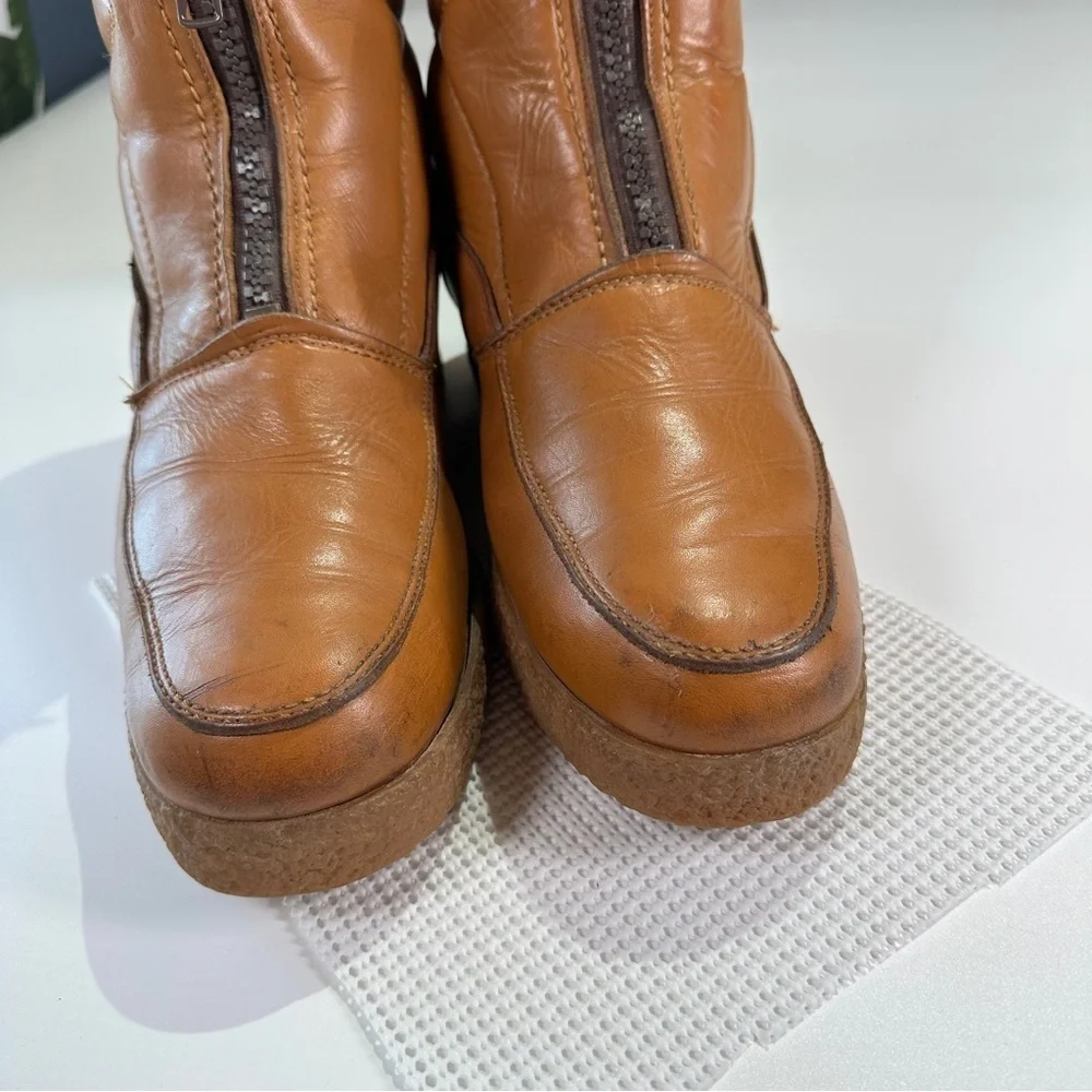 Mocatem Winter Boots Vintage Front Zip Leather Cognac Brown 13E
